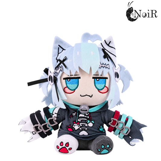 Nani plushie front view: light-blue hair with teal streaks, cat ears, bell collar and dark grey hoodie
