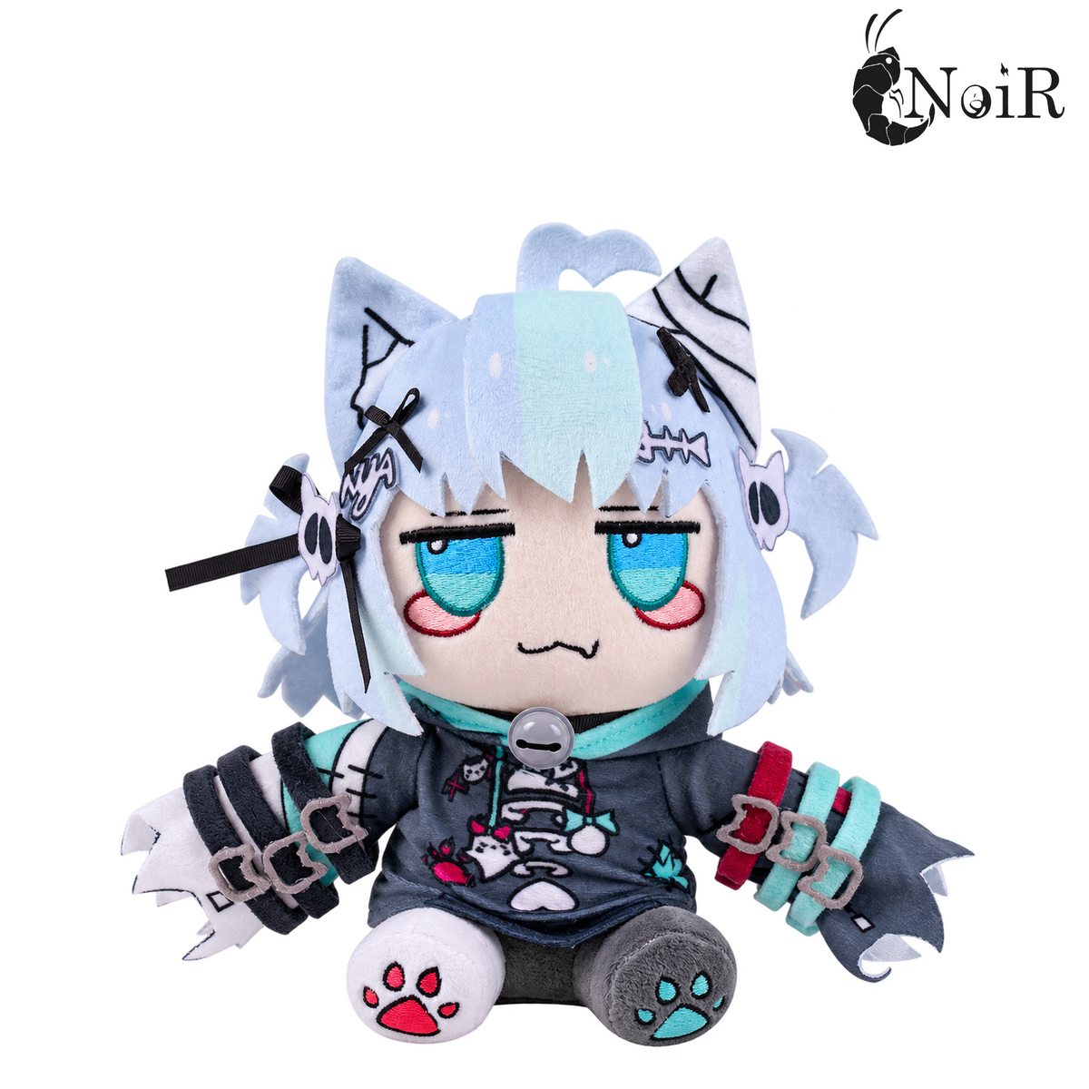 Close front view of the Nani plushie showing embroidered teal eyes, blush and :3 mouth