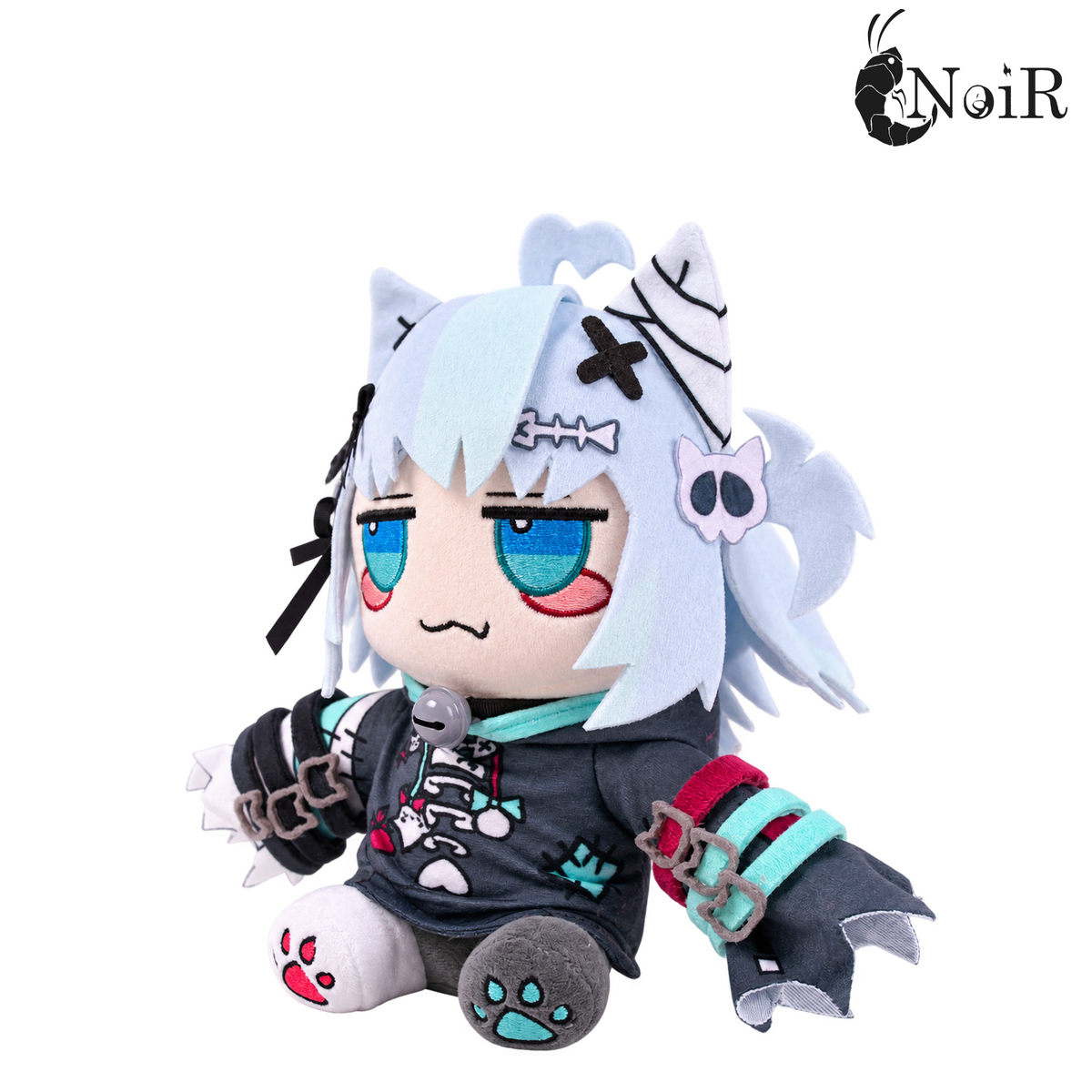 Nani plushie right three-quarter view with X and fishbone hair clips, bandaged ear and teal and red sleeve straps